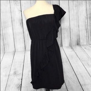 One shoulder black ruffle detail dress